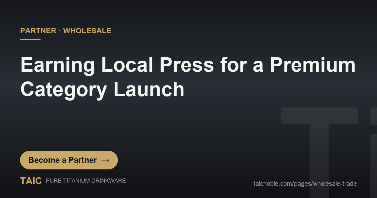 B2B partner card on earning local press coverage for a premium pure titanium drinkware category launch
