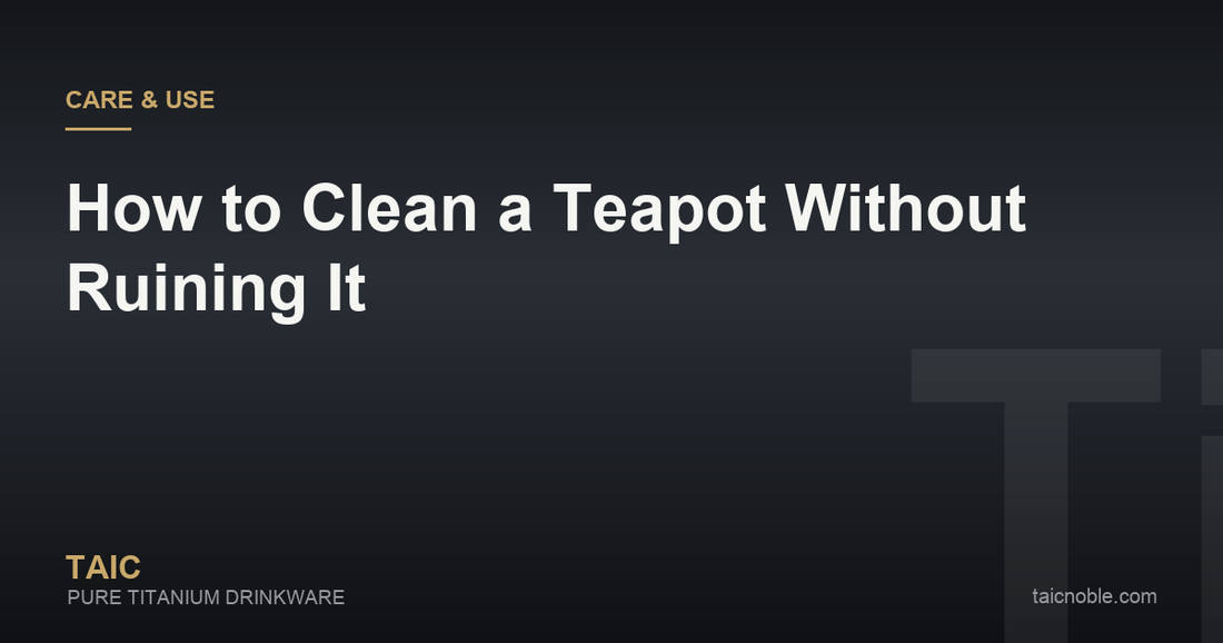 Guide card on cleaning a teapot, comparing porcelain, glass, clay, cast iron and titanium teapots with brushes