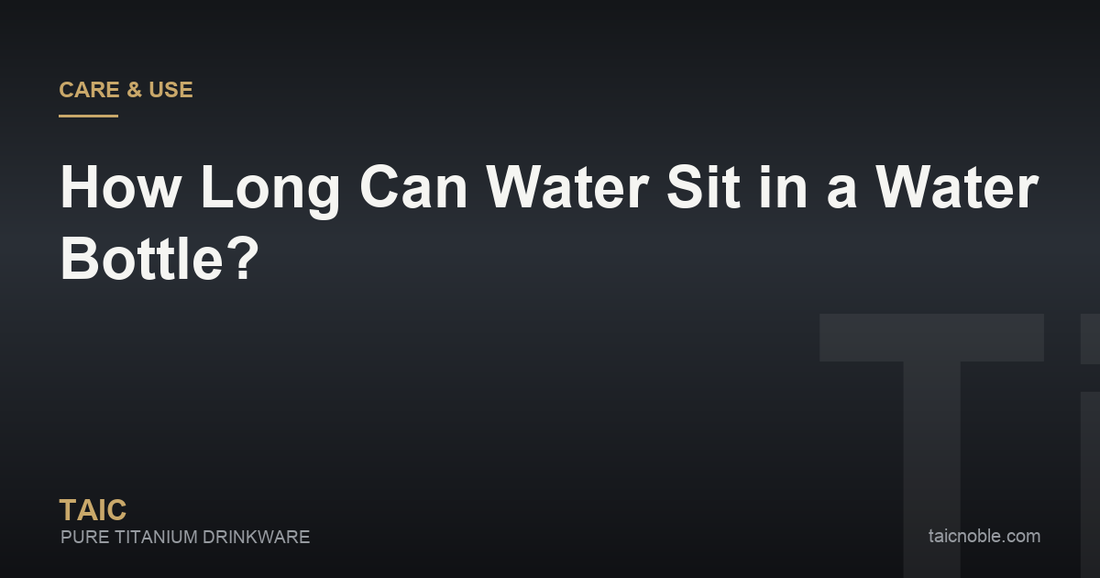 Guide card on how long water can sit in a reusable water bottle, with a bottle on a bedside table overnight