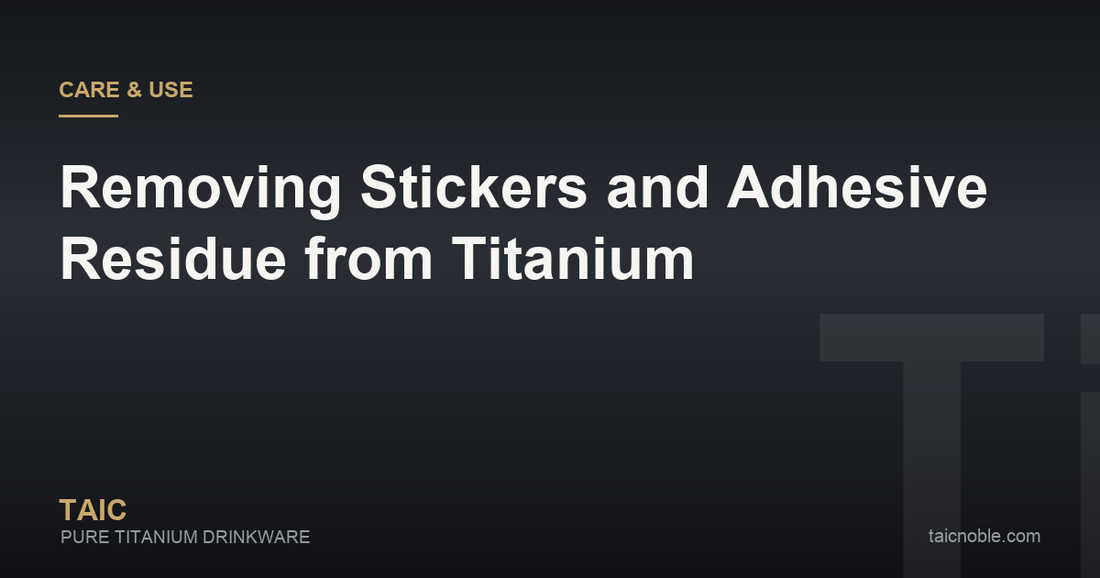 Guide card on removing stickers and adhesive residue from a titanium bottle with oil, cloth and gentle tools