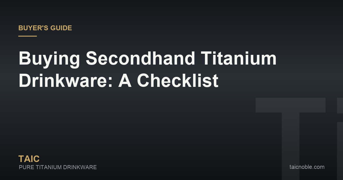 Guide card with an inspection checklist for buying secondhand titanium drinkware, from magnet test to gasket