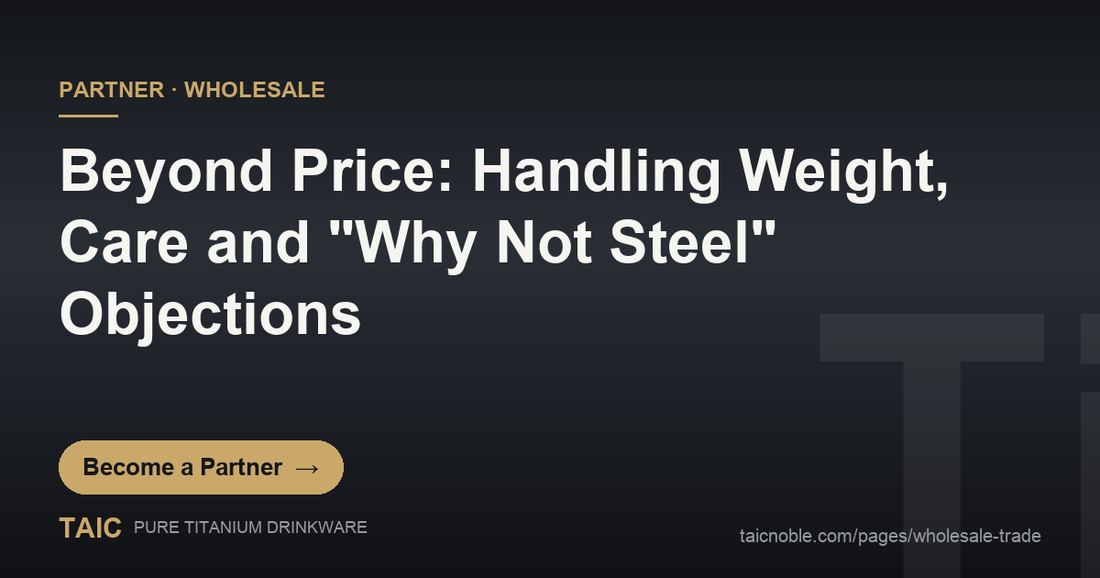 B2B partner card: handling weight, care and why-not-steel objections to titanium drinkware