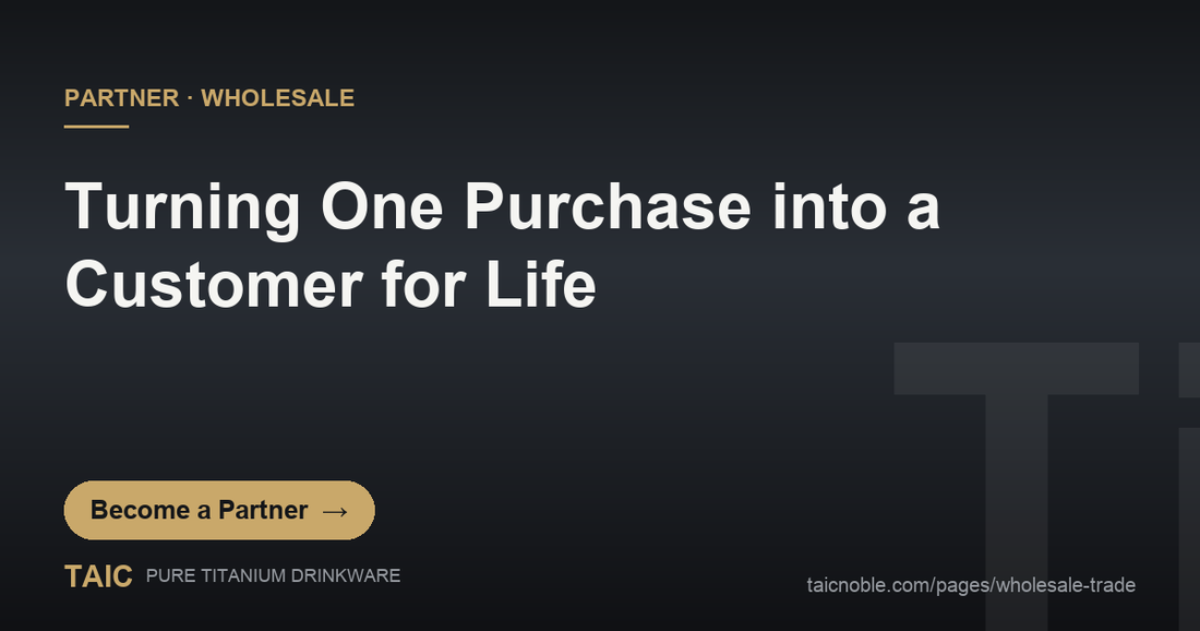 Partner card on repeat purchase and loyalty for premium titanium drinkware, owner journey from first cup to collection