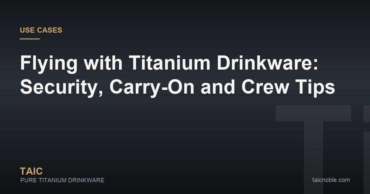 Guide card for flying with titanium drinkware showing a bottle and tumbler beside a carry-on bag
