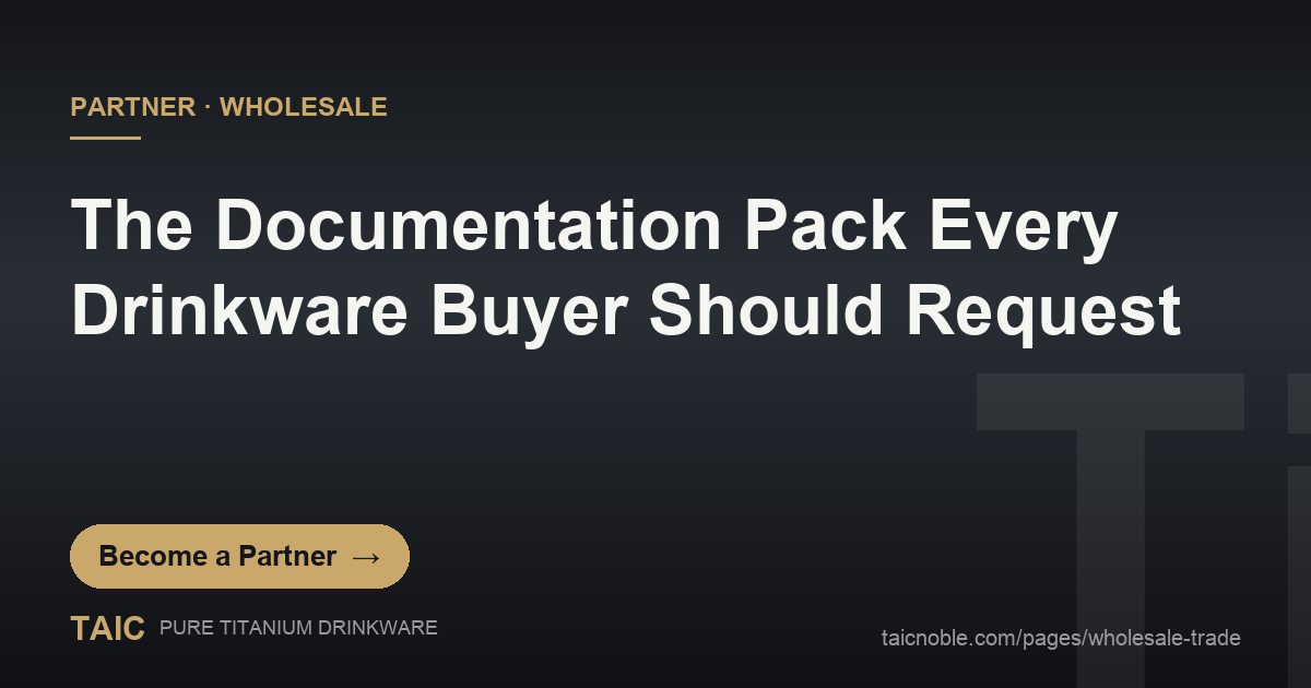 Supplier documentation pack for titanium drinkware buyers - TAIC B2B partner card with test reports and warranty files
