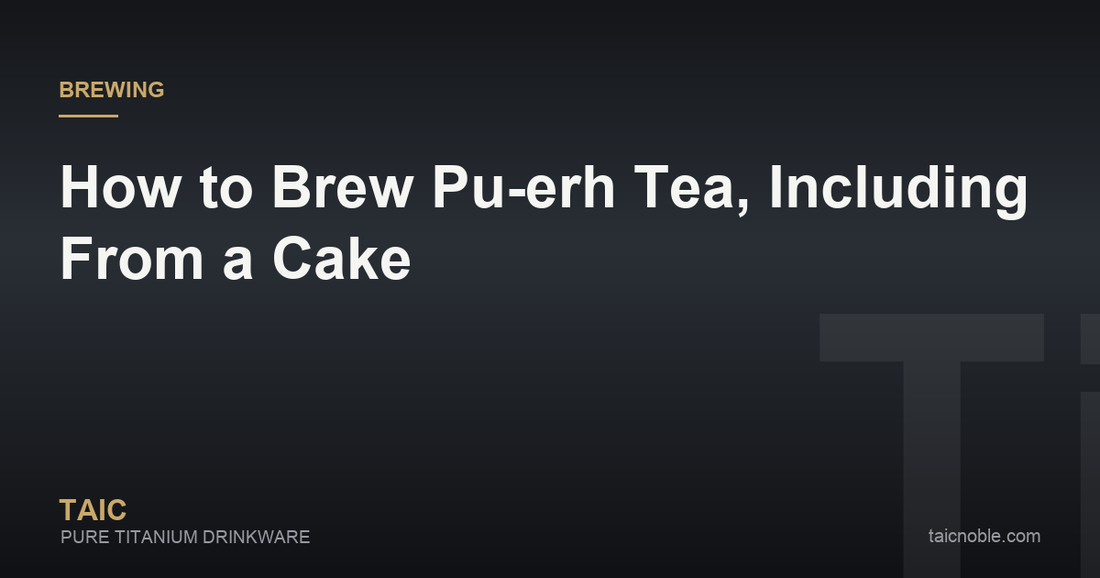 Guide card on brewing pu-erh tea, showing a compressed tea cake, a pu-erh knife, a gaiwan and dark red tea