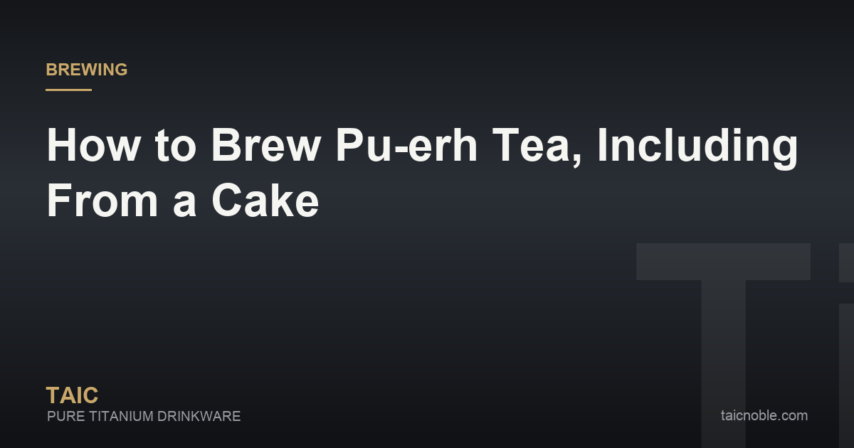 Guide card on brewing pu-erh tea, showing a compressed tea cake, a pu-erh knife, a gaiwan and dark red tea