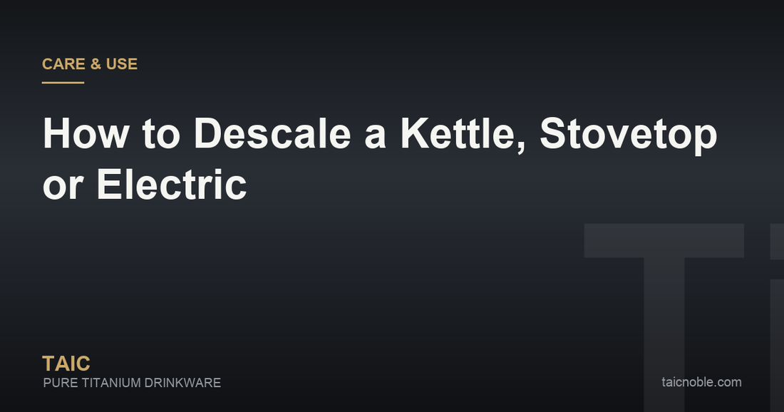 Guide card on descaling a kettle, showing limescale flakes, white vinegar and citric acid beside a kettle