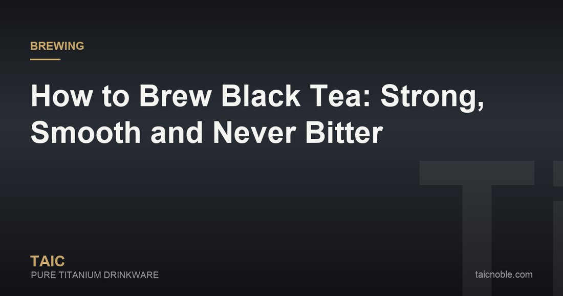 Guide card on brewing black tea, showing dark loose leaves, a teapot and a cup of strong black tea with milk