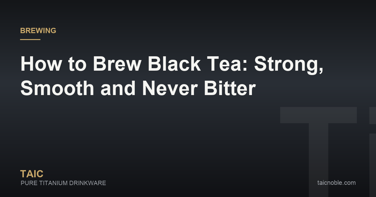 Guide card on brewing black tea, showing dark loose leaves, a teapot and a cup of strong black tea with milk