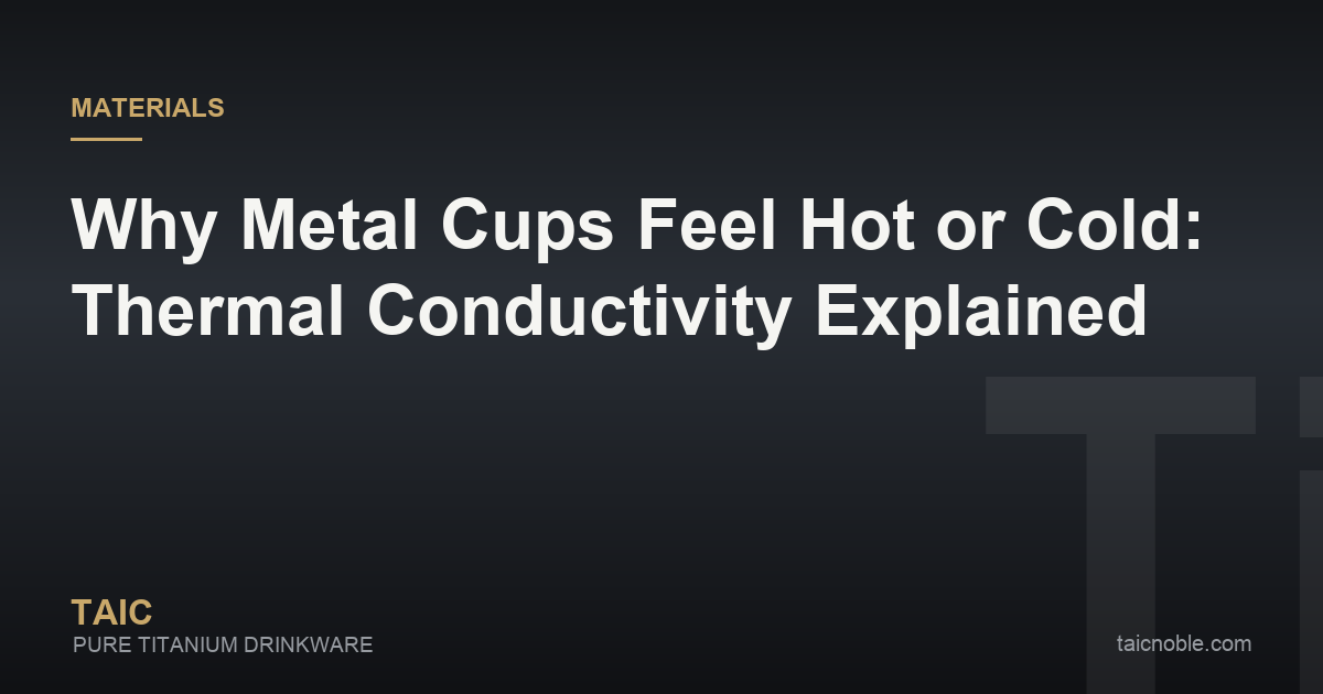 Guide card explaining thermal conductivity and why titanium cups feel gentler on lips than other metals