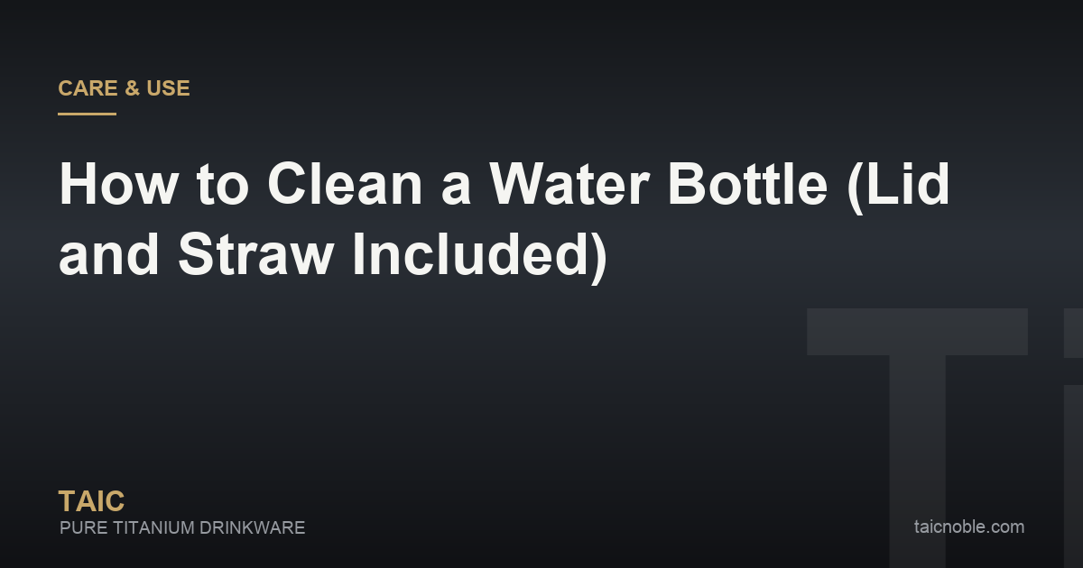 Guide card showing how to clean a water bottle, with a brush, the lid taken apart and the gasket removed