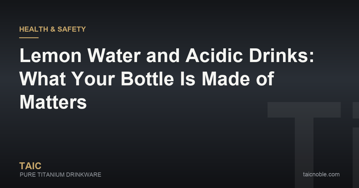 Guide card on lemon water and acidic drinks in titanium bottles, comparing how drinkware materials handle citrus