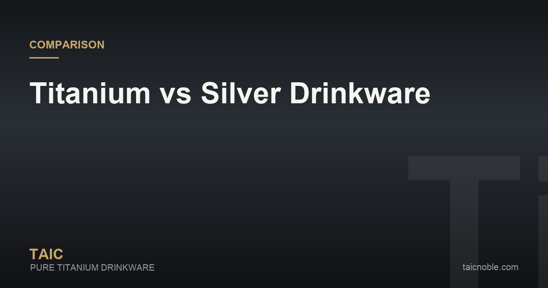 TAIC titanium guide card comparing materials, showing a titanium cup beside a polished silver goblet on a dark tabletop with soft lighting