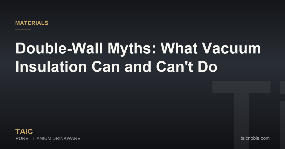 Guide card debunking double-wall vacuum insulation myths with a titanium flask cutaway