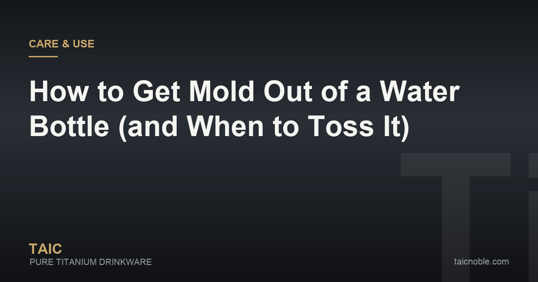 Guide card on removing mold from a water bottle, showing a lid taken apart, a gasket, a straw and brushes