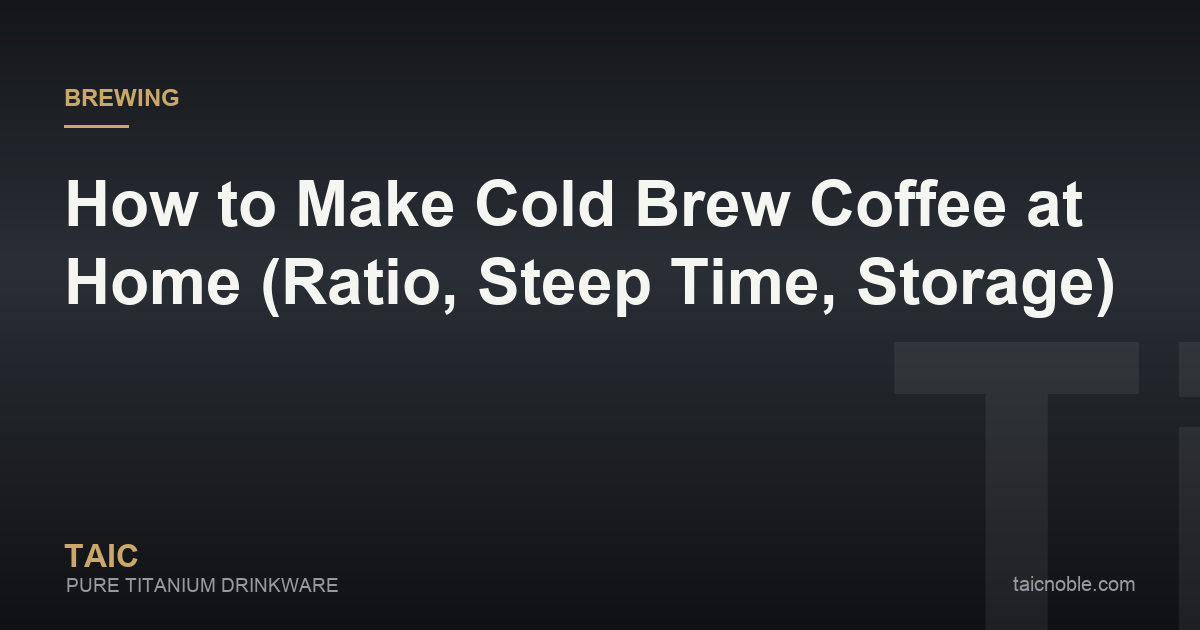 Guide card on making cold brew coffee at home, with coarse grounds steeping in a jar and a strainer