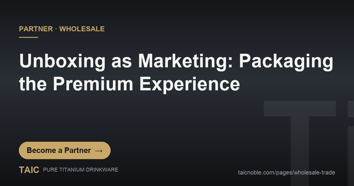Partner card on unboxing and packaging experience for premium titanium drinkware, gift box reveal with story card