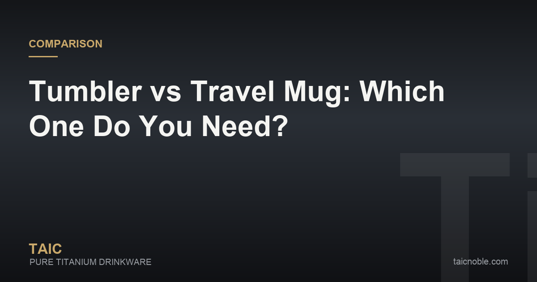 Guide card comparing a tumbler and a travel mug side by side, showing lids, handles and cup holder fit