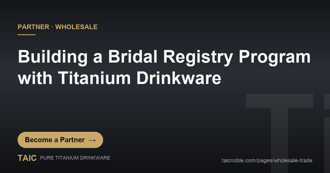 Partner card for a bridal registry program with paired titanium cups, gift boxes and a curated wedding list