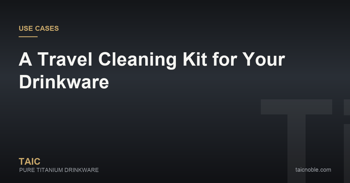 Guide card showing a compact travel cleaning kit for titanium drinkware used on trips and hotel stays