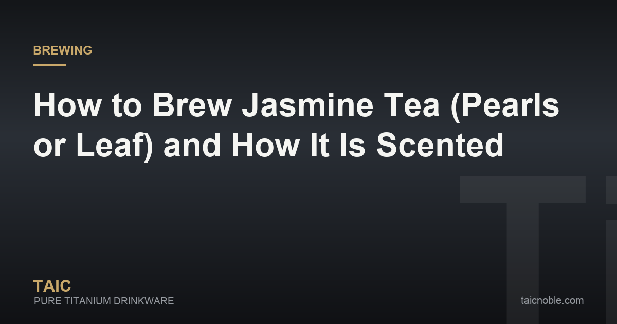 Guide card on brewing jasmine tea, showing rolled jasmine pearls unfurling beside fresh jasmine blossoms