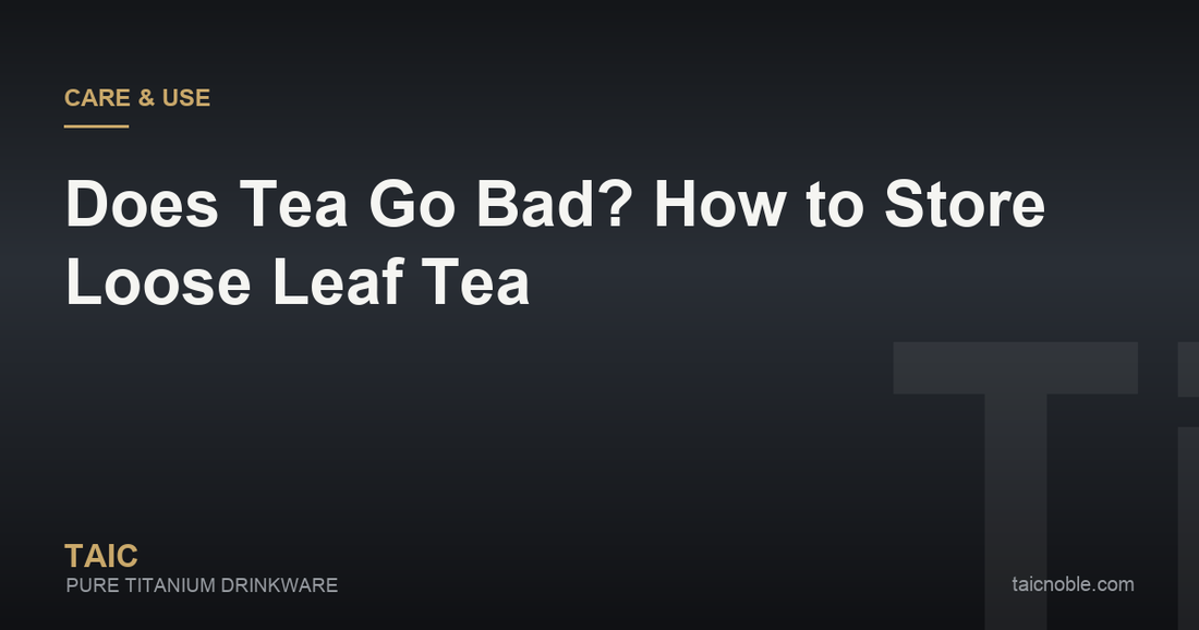Guide card on storing loose leaf tea, showing airtight tins, a small canister and tea leaves kept from light