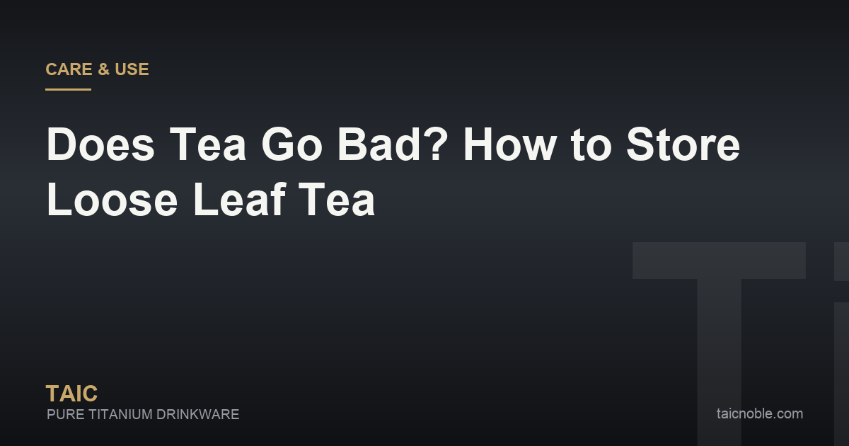 Guide card on storing loose leaf tea, showing airtight tins, a small canister and tea leaves kept from light