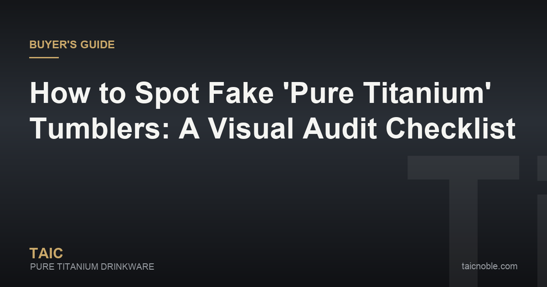 Titanium drinkware guide card: visual audit checklist comparing real pure titanium tumbler signals against fake coated-steel imitations
