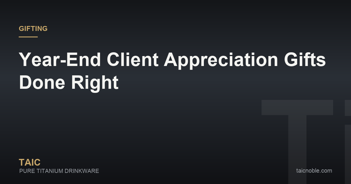 Guide card on year-end client appreciation gifts featuring premium titanium drinkware and gifting etiquette