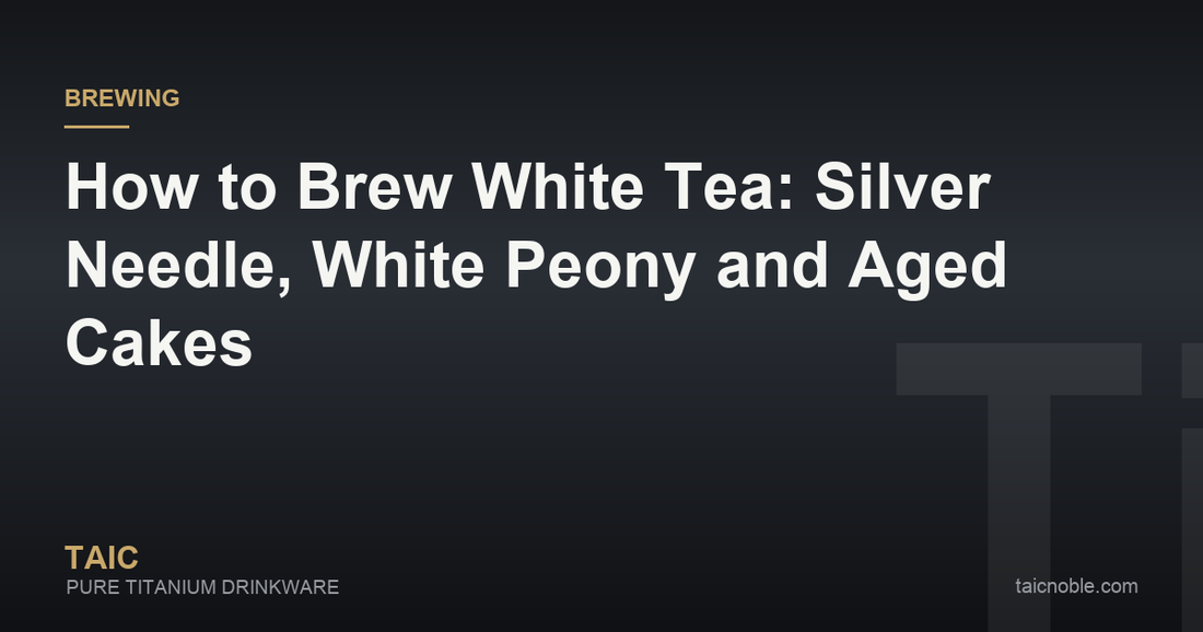 Guide card on brewing white tea, showing downy Silver Needle buds, White Peony leaves and a gaiwan