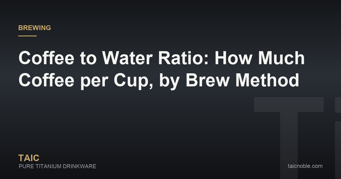 Guide card on the coffee to water ratio, with a scale, ground coffee, tablespoons and a cup of brewed coffee