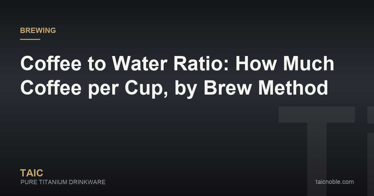 Guide card on the coffee to water ratio, with a scale, ground coffee, tablespoons and a cup of brewed coffee