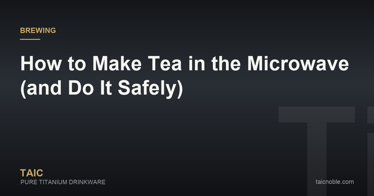 Guide card on making tea in the microwave, showing a ceramic mug of water, a wooden stirrer and a tea bag