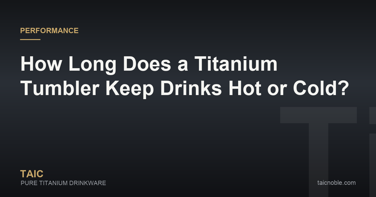 Titanium tumbler insulation guide card comparing a single-wall and a double-wall vacuum pure-titanium tumbler holding a hot coffee and an iced drink