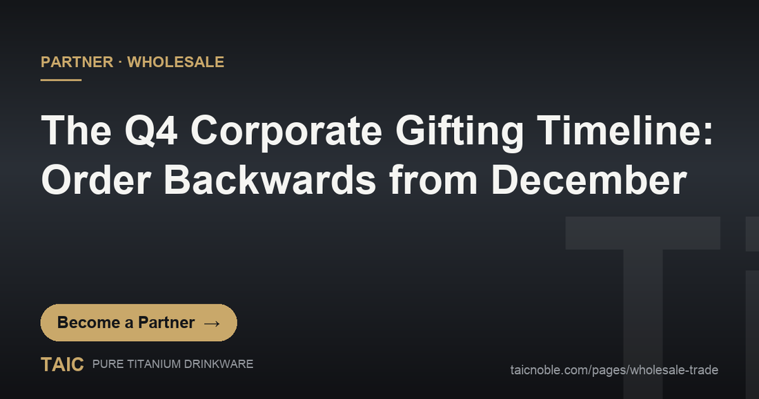 B2B partner card showing a backwards-planned Q4 corporate gifting timeline for pure titanium gift sets