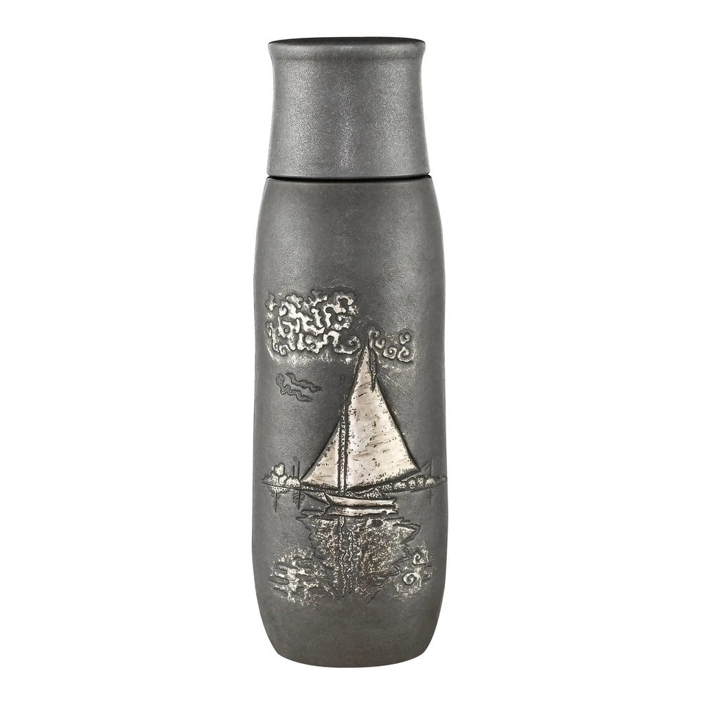 Monet Sailboat titanium infuser tumbler in pewter grey finish with embossed silver sailboat, front view