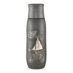 Monet Sailboat titanium infuser tumbler in pewter grey finish with embossed silver sailboat, front view