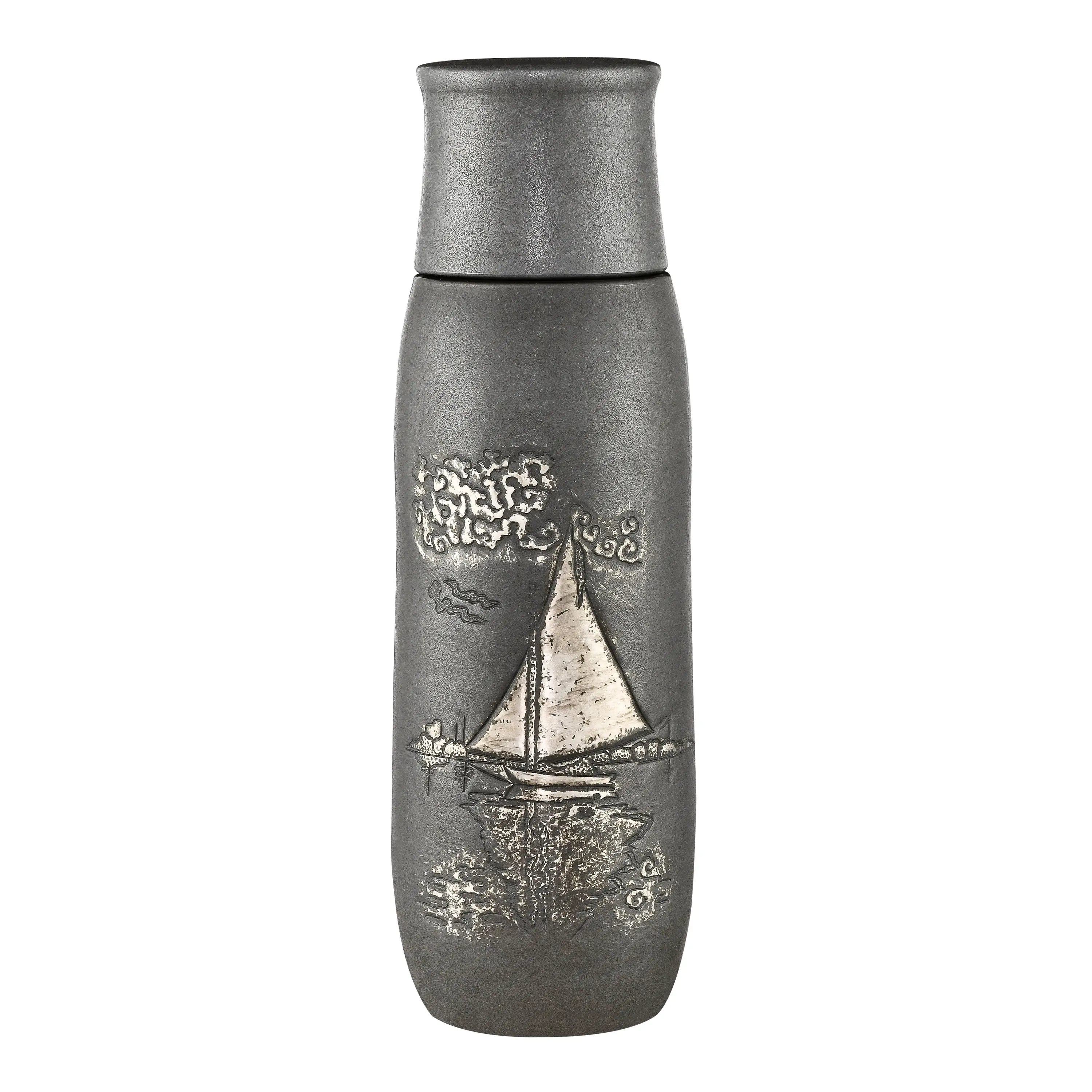 Monet Sailboat titanium infuser tumbler in pewter grey finish with embossed silver sailboat, front view