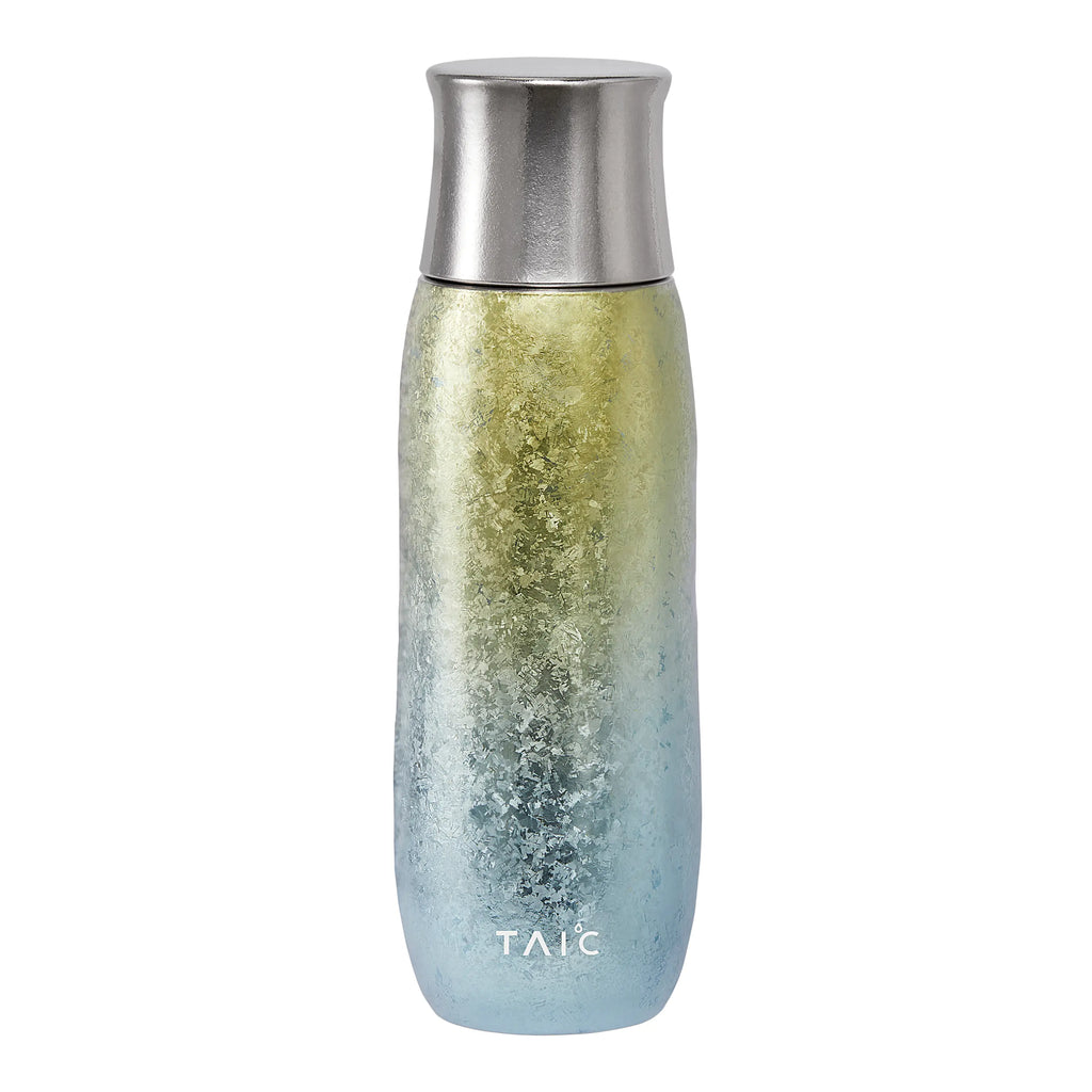 Aurora pure titanium tea infuser tumbler, gold-to-blue iridescent frost finish with silver cap, front view