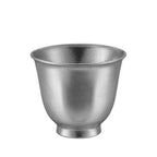 Single polished bright-silver pure titanium tea cup, wide double-wall mouth, front view on white background