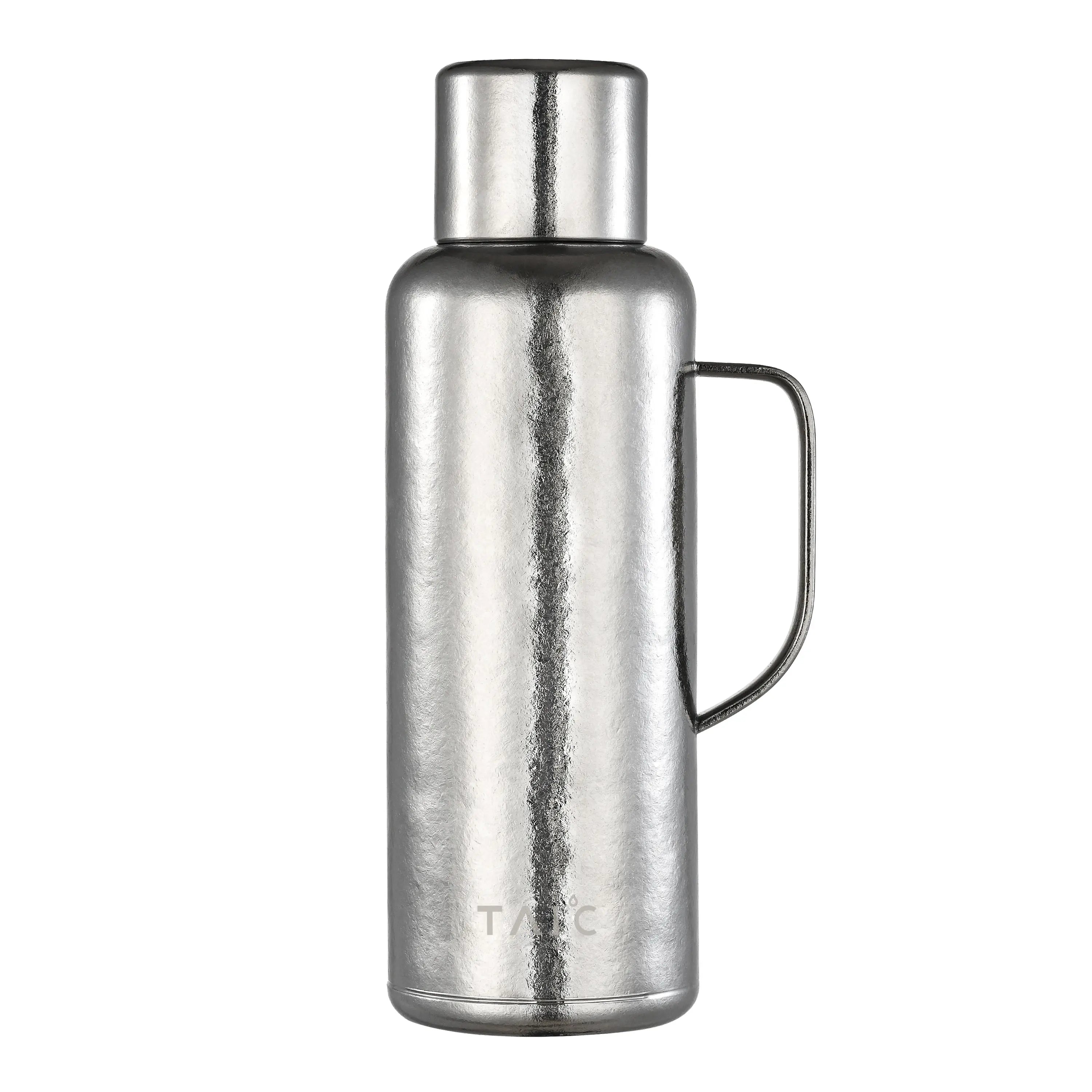 Pure titanium 1.2L thermal carafe in polished silver finish with side handle and screw cap, front view