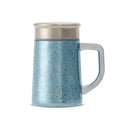 Pure titanium office mug 450mL in blue aurora gradient finish with lid and T-handle, front view