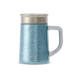 Pure titanium office mug 450mL in blue aurora gradient finish with lid and T-handle, front view