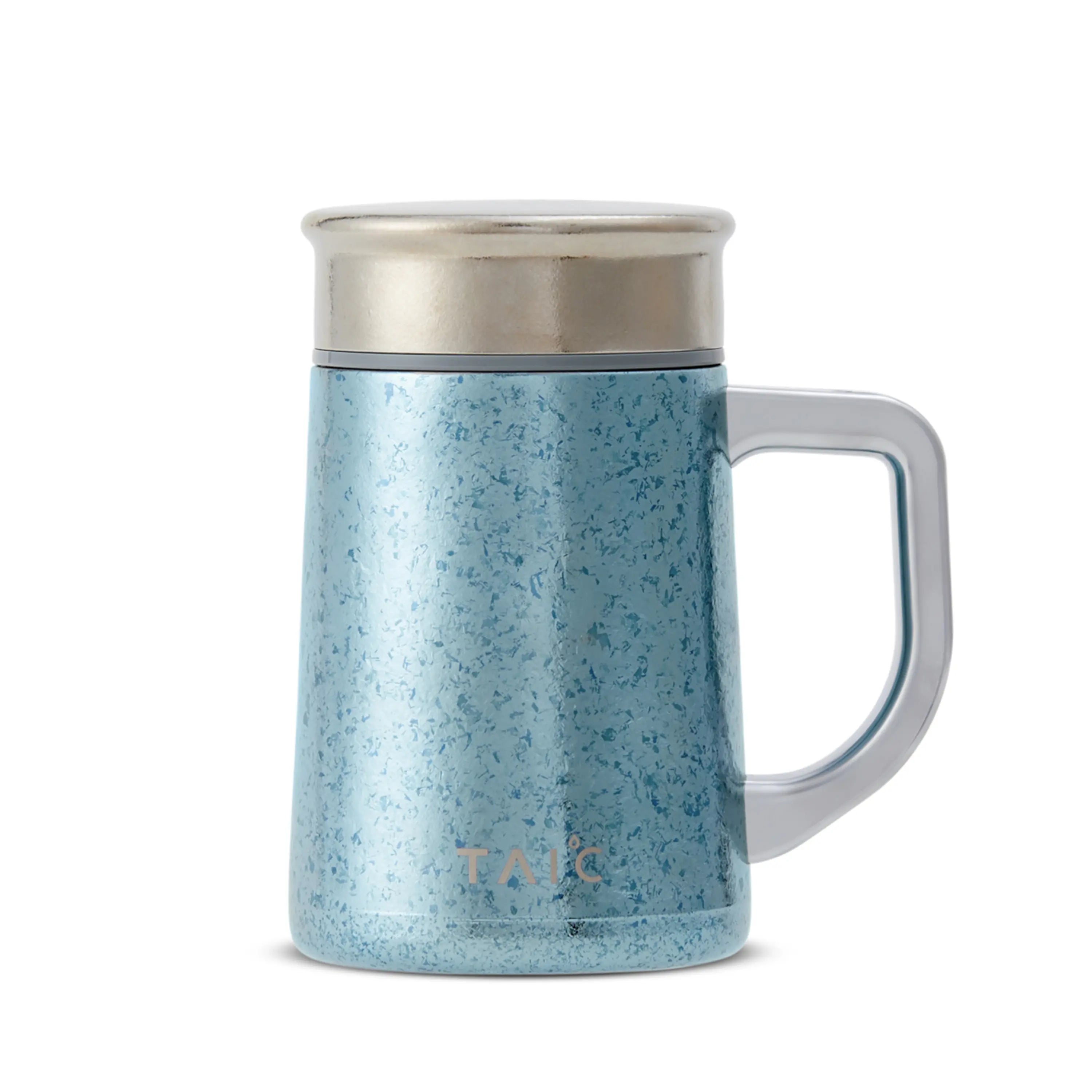Pure titanium office mug 450mL in blue aurora gradient finish with lid and T-handle, front view