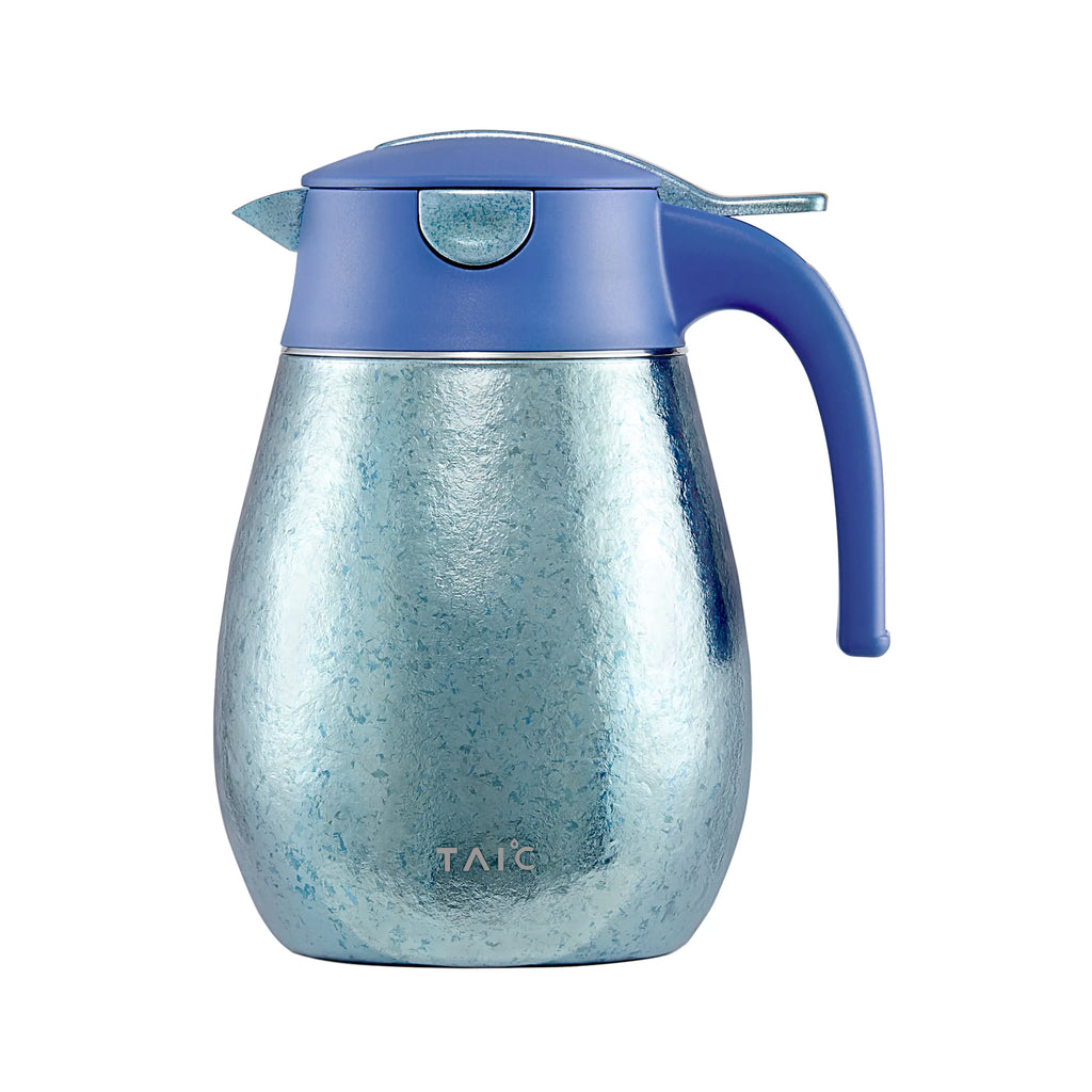 Light blue speckled titanium 1L thermal carafe, front view with blue press-lock lid and curved handle