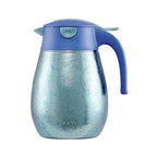 Light blue speckled titanium 1L thermal carafe, front view with blue press-lock lid and curved handle