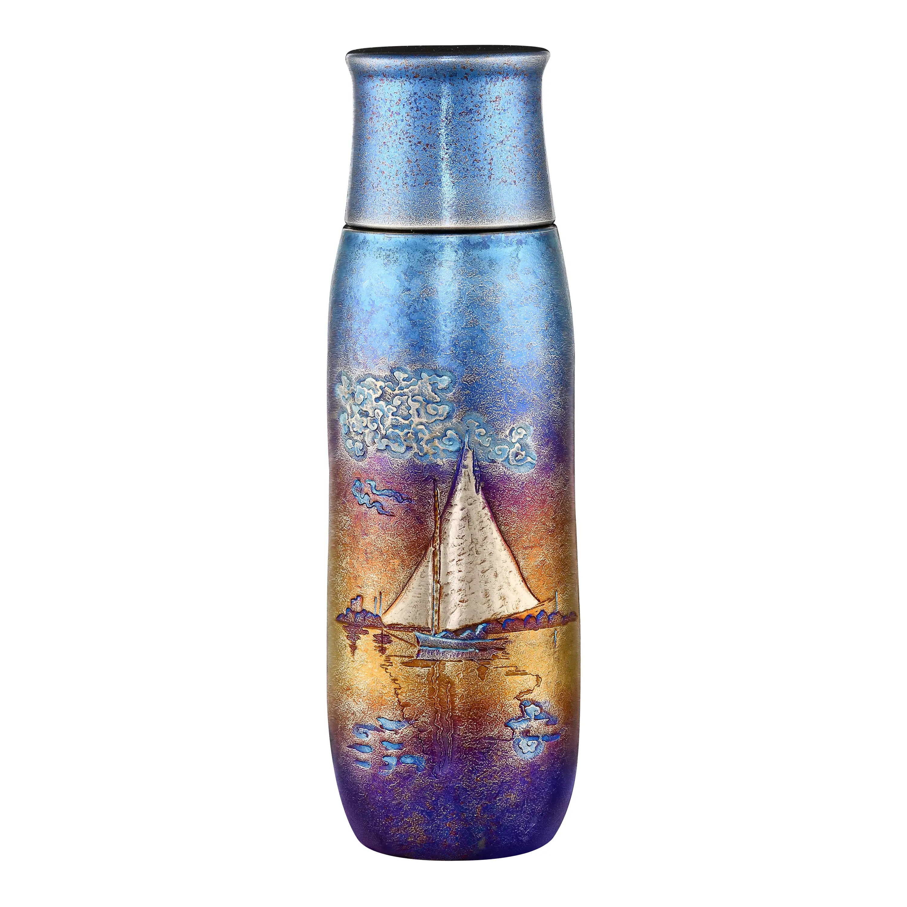 Monet Sailboat pure titanium infuser tumbler in iridescent blue-gold sailboat finish, front view with cap on