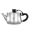 Polished silver hammered titanium teapot, side view with African Blackwood curved handle and braided cord lid