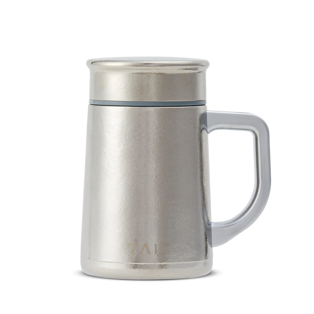 Pure titanium office mug 450mL in natural silver finish with lid and T-shaped handle, front view